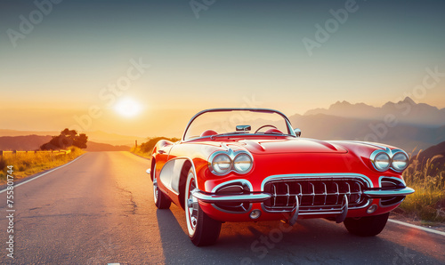Red vintage convertible car on open road at sunset. Travel and adventure concept for poster, wallpaper. Wide-angle shot with copy space.
