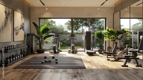 A modern home gym with a few workout machines, a large window overlooking a garden, and a few plants. The room is decorated with a gray and white color scheme and a few abstract paintings. photo