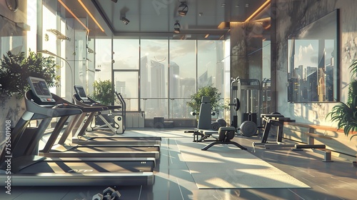 A modern home gym with a few workout machines, a large window overlooking a cityscape, and a few plants. The room is decorated with a gray and white color scheme and a few abstract paintings.
