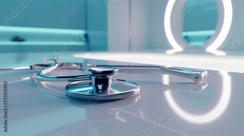 Against a backdrop of a serene blue health science laboratory, a stethoscope rests on a pristine white table, its sleek curves and polished surface catching the light. 

 photo