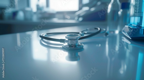 Against a backdrop of a serene blue health science laboratory, a stethoscope rests on a pristine white table, its sleek curves and polished surface catching the light.