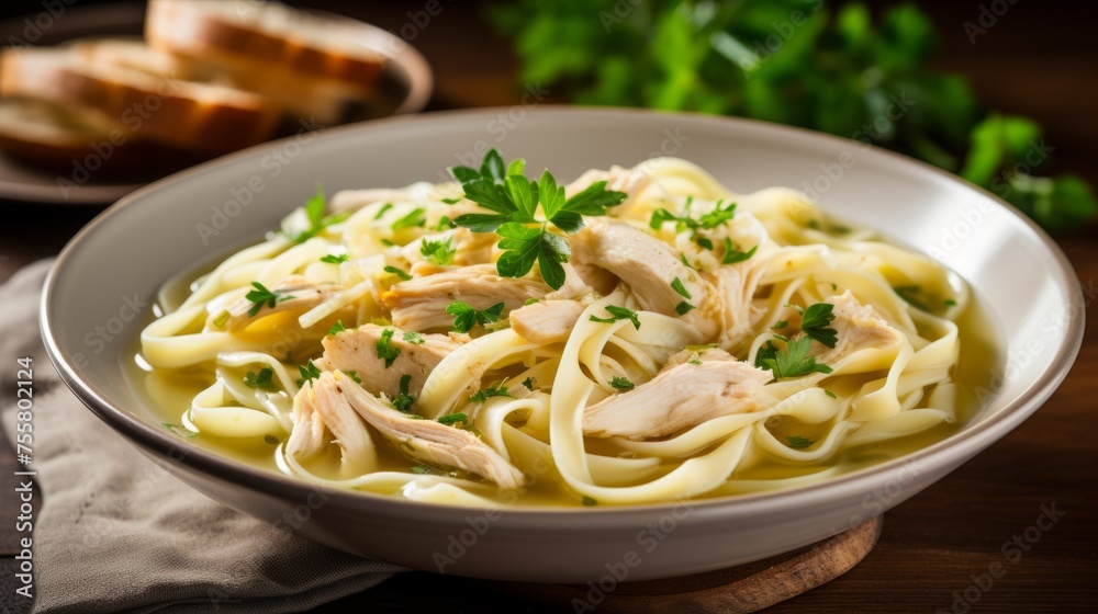A bowl of comforting and homemade chicken noodle soup A bowl of comforting and homemade chicken noodle soup