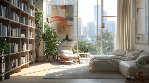 A modern home library with a few bookshelves, a large window overlooking a cityscape, and a few plants. The room is decorated with a neutral color palette and a few abstract paintings.