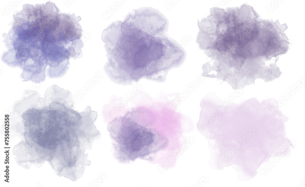 Abstract watercolor blot painted background. Vector isolated illustration. Set blue indigo, lavender periwinkle 