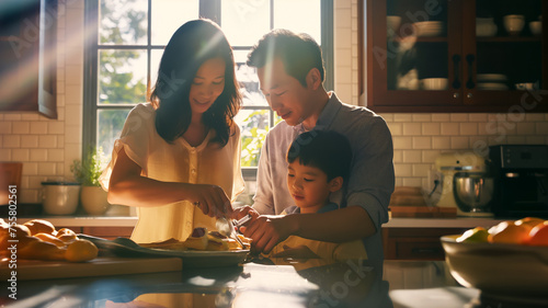 Portrait of a Chinese family while cooking breakfast together in the kitchen on a bright sunny day, Family Day and Mother's Day poster photo