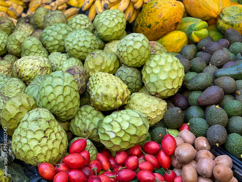 Tropical exotic fruits Cherimoya Anona  papaya  kiwi  tamarillo and avocados on the famous Mercado dos Lavradores on Madeira  Portugal