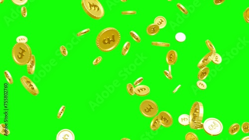 Gold coins with British pound sterling symbol falling down - 3D Render - Green screen video