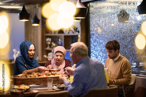 A modern and traditional European Islamic family comes together for iftar in a contemporary restaurant during the Ramadan fasting period  embodying cultural harmony and familial unity amidst a