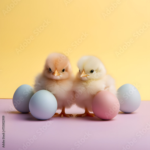 Two cute chickens and eggs around them. Minimal Easter concept. Pastel yellow pink background