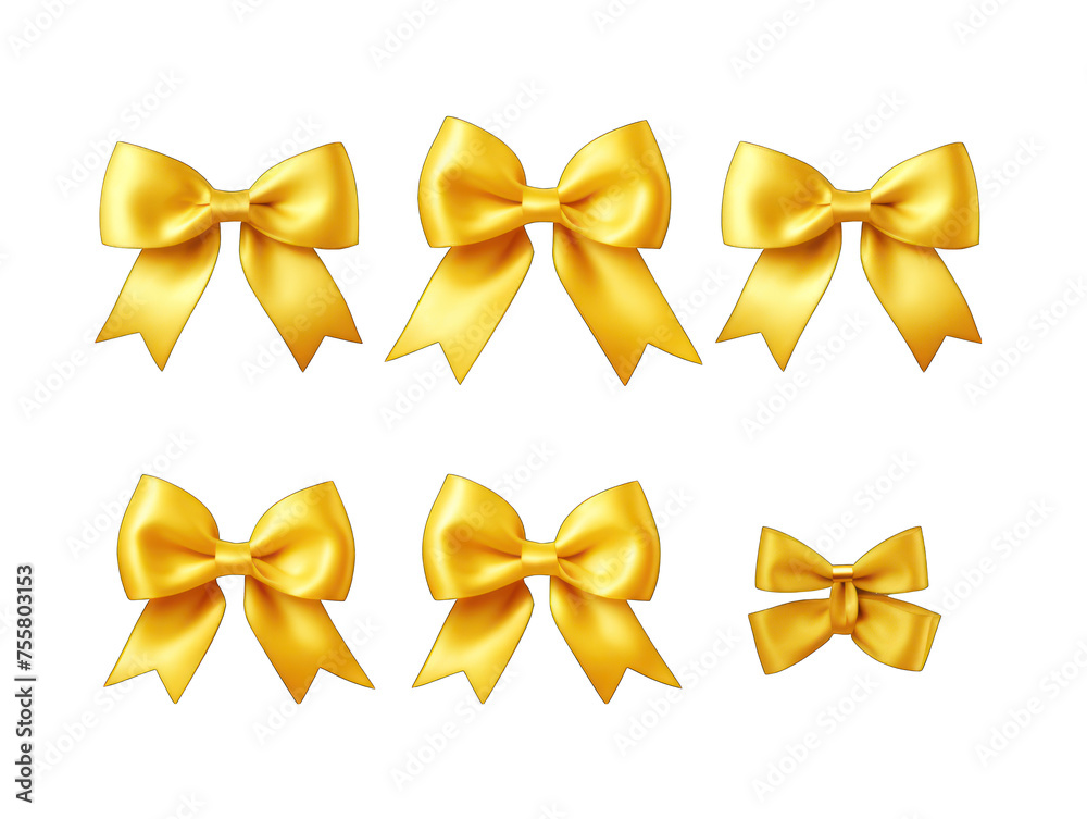 Set of yellow satin ribbon and bow isolated on transparent background, transparency image, removed background