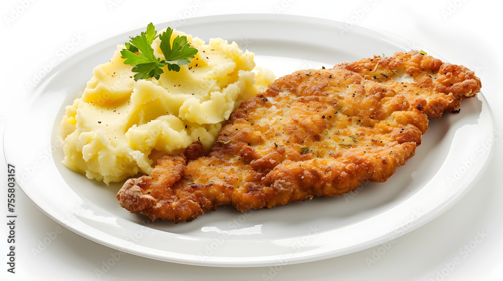 Breaded pork cutlet with mashed potatoes on plate Breaded pork cutlet with mashed potatoes on plate