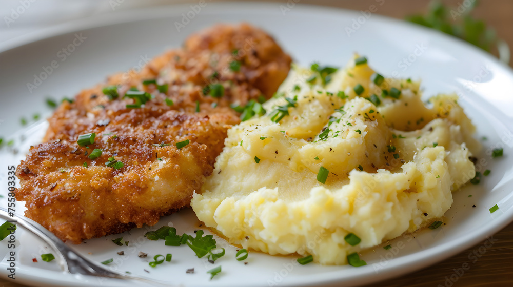Breaded chicken cutlet with mashed potatoes