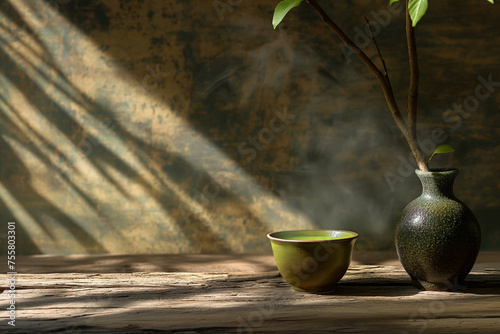 Matcha tea ceramic bowl on a rustic wooden surface with sun rays, self-care concept