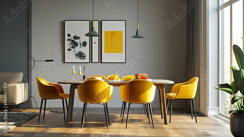 Mustard yellow chairs at dining table with food in apartment interior with lamp and poster on grey wall. Minimalistic, simple, bright colors.