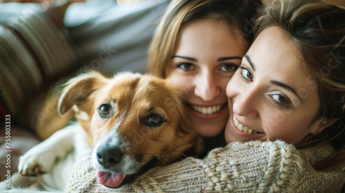 Joyful Trio: Two Smiling Women and Their Adorable Dog Sharing a Moment. Generative AI.