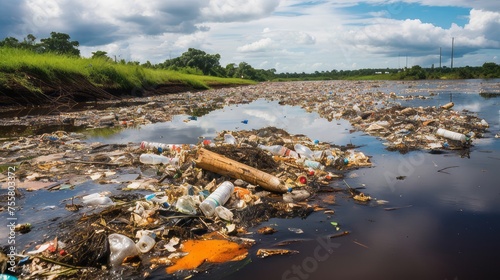 A polluted river with trash and debris floating on the surface