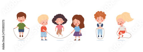 Happy cute kids play jump rope vector set, cartoon boy and girls skipping rope, have fun, sport activity, children game