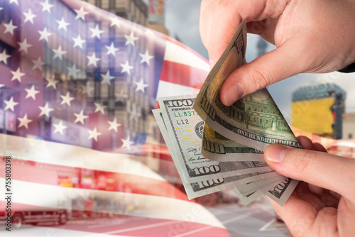 Dollars near US flag. Cash ...