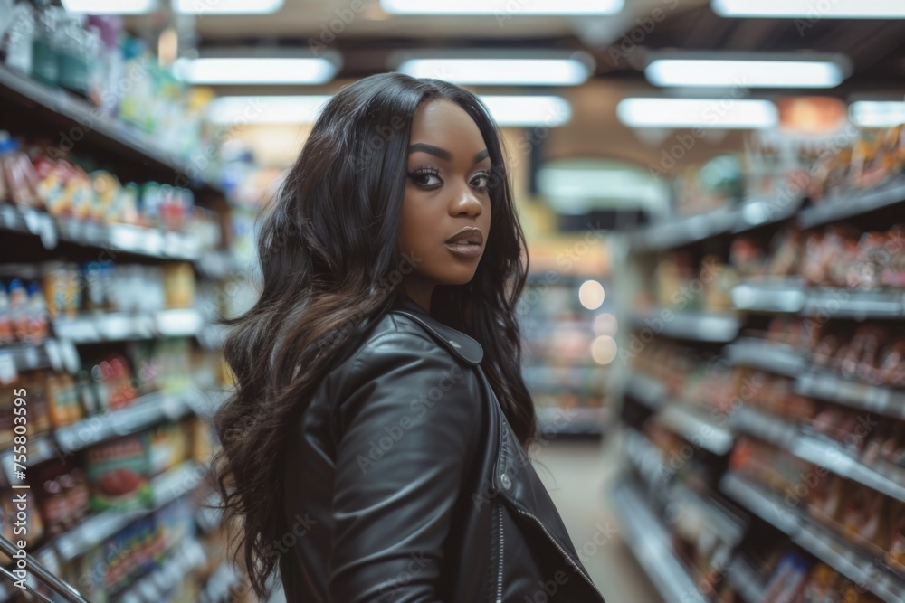 Candid photo of an African American woman shopping for packaged goods at the grocery store with a shopping cart. generative ai Candid photo of an African American woman shopping for packaged goods at the grocery store with a shopping cart. generative ai