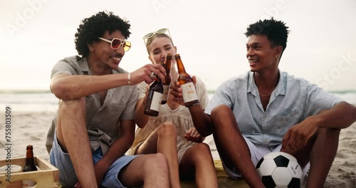 Friends, cheers and talking on beach with beer for bonding, gossip story and laughing for funny joke on sand. Men, woman or conversation with drinking alcohol, toast or diversity for social gathering photo