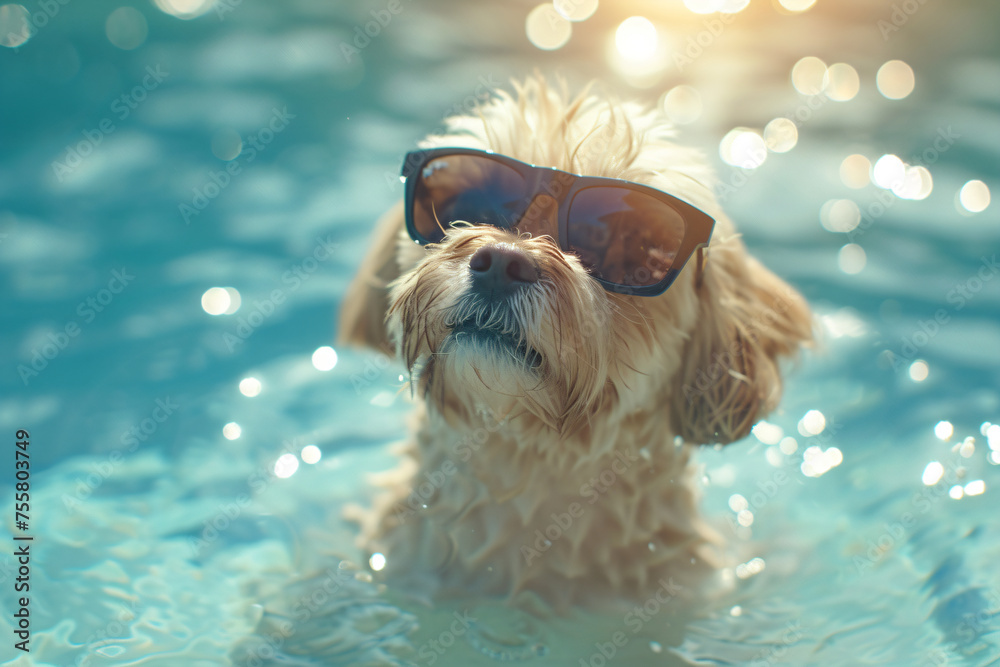 Cute funny dog wearing sunglasses and floating in a swimming pool ...