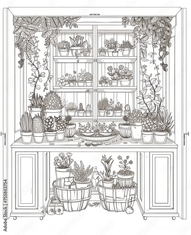 Fototapeta premium Coloring template of different plants on shelfs