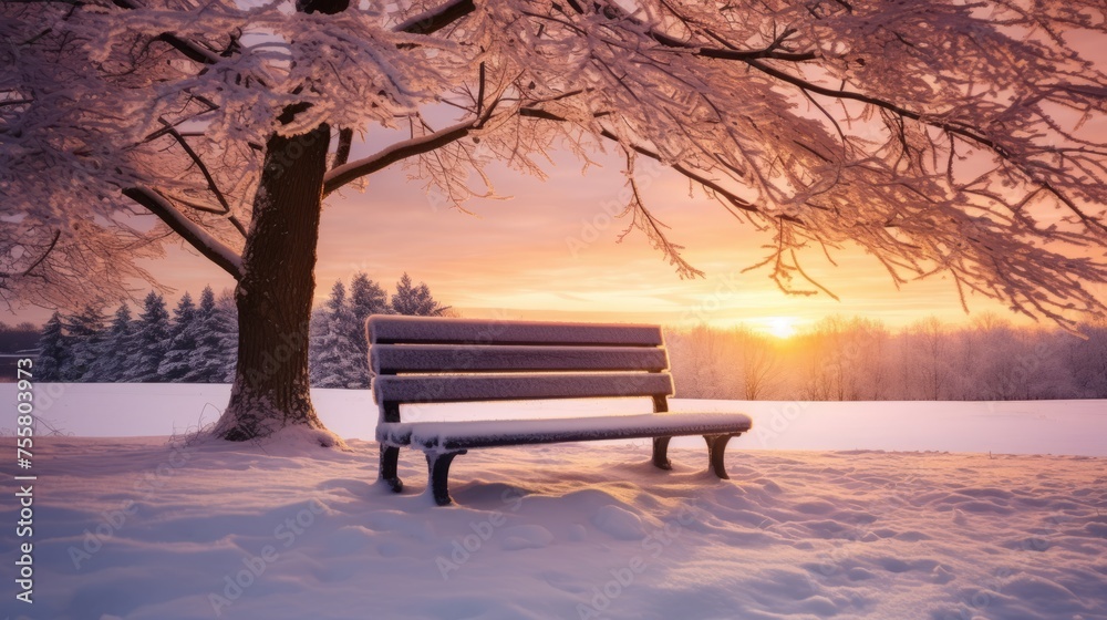A snow covered park bench at sunrise