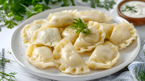 Homemade dumplings with sour cream and dill