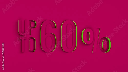60% sale magenta discount loop animation. Up to 60 percent discount off neon green tag, sign on crimson background. Discount percent off sale animation loop.  (ID: 755804380)