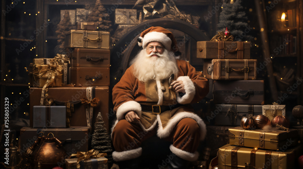 Santa Claus sitting in a room full of presents Santa Claus sitting in a room full of presents