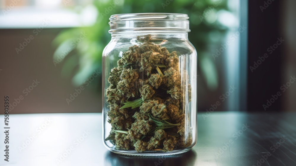 Cannabis flower in a glass jar Cannabis flower in a glass jar