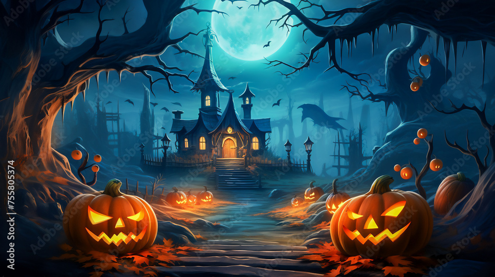Halloween scene with a castle and a moon in the background Halloween scene with a castle and a moon in the background