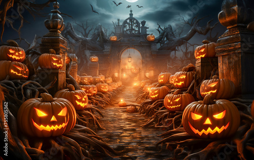 Path of pumpkins leads to a cemetery
