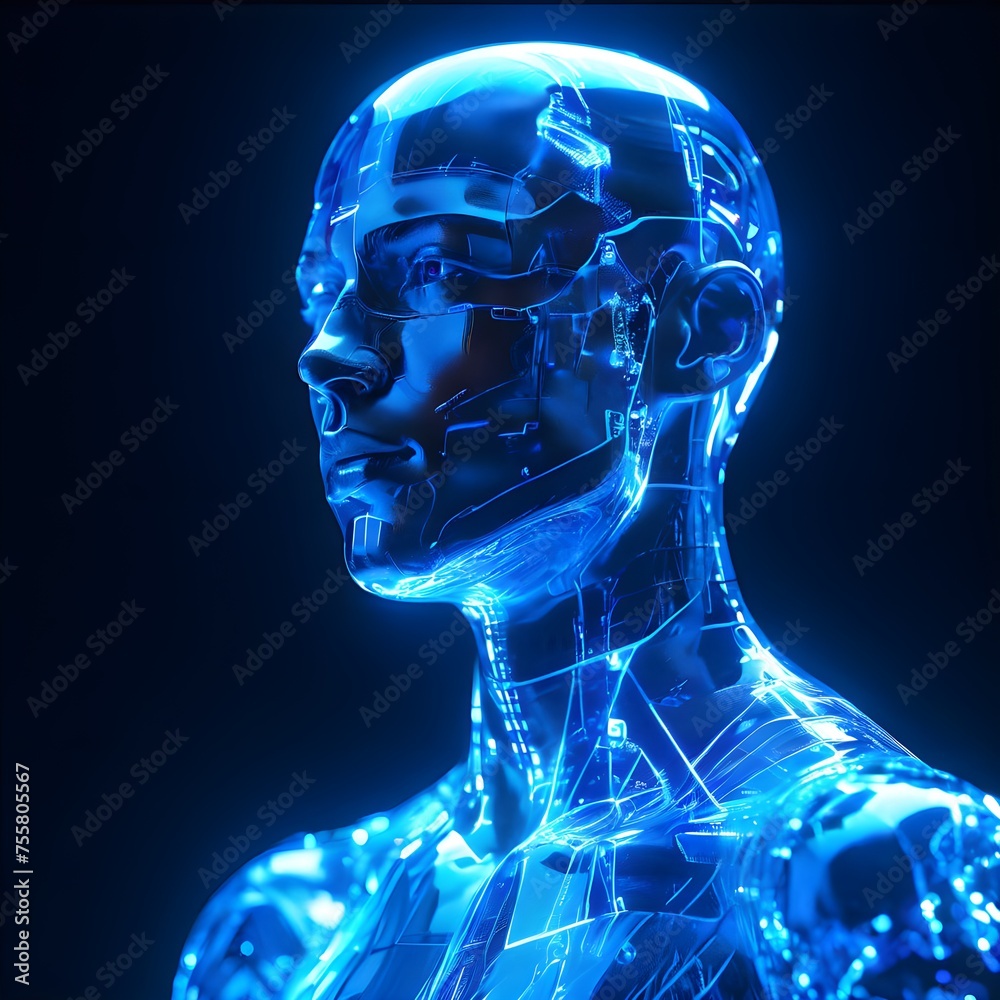 X ray of human head. A sculpture of a person with a blue face. A unique use of electric blue and cobalt blue colors to create a visually striking piece of art. Generative AI - obrazy, fototapety, plakaty 