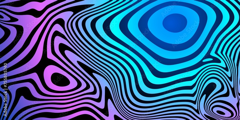 Purple-blue wave pattern on black background for web design, covers, presentations. Psychedelic background in the style of the 60s, 70s