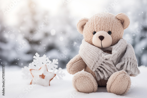 Small teddy bear with scarf at winter. Generative AI