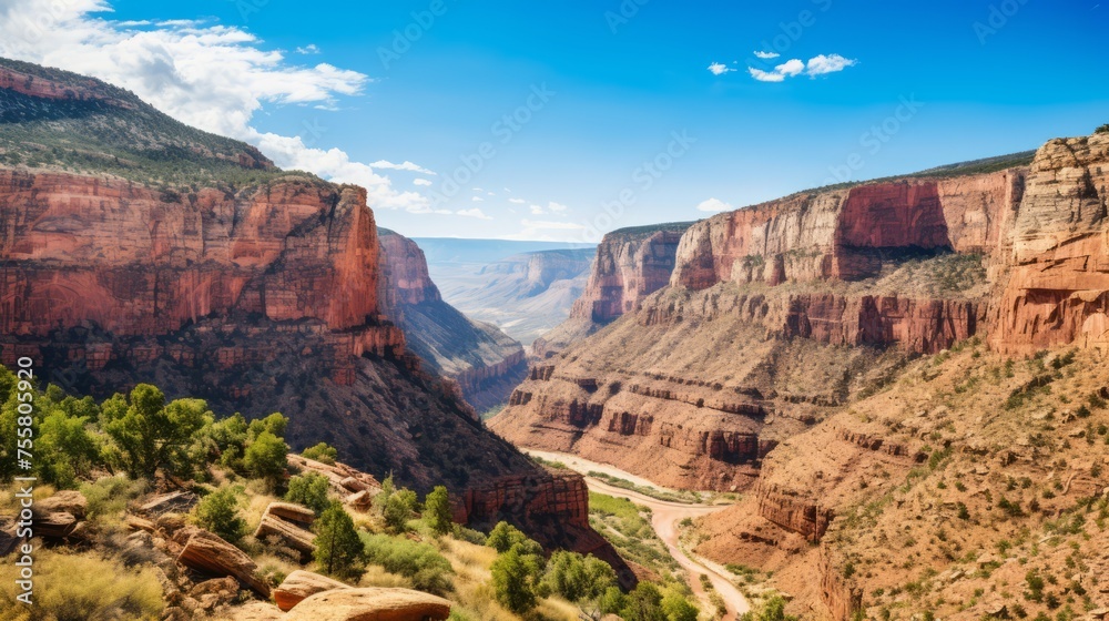 A canyon landscape with towering cliffs