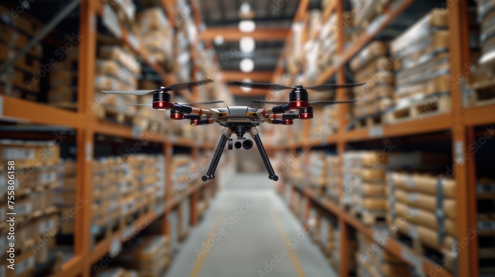 Drone in the warehouse, autonomous delivery robot is flying in storehouse shipping Drone in the warehouse, autonomous delivery robot is flying in storehouse shipping