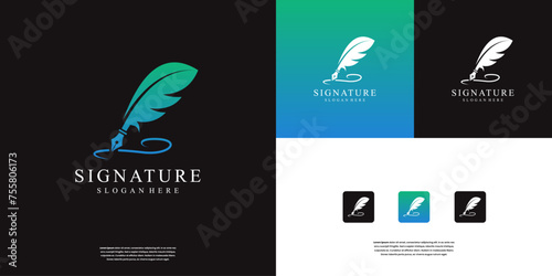 Quill signature logo design. symbol feather ink logo template for notary, signature, note and etc.