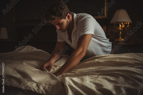 Young adult male smoothens the bedsheet in a cozy bedroom setting © Татьяна Евдокимова