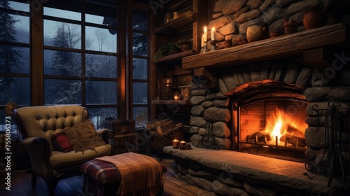 A cozy log cabin in the woods with a roaring fireplace for warmth
