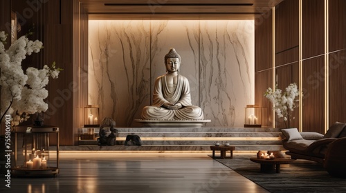 A meditation room with a large buddha centerpiece