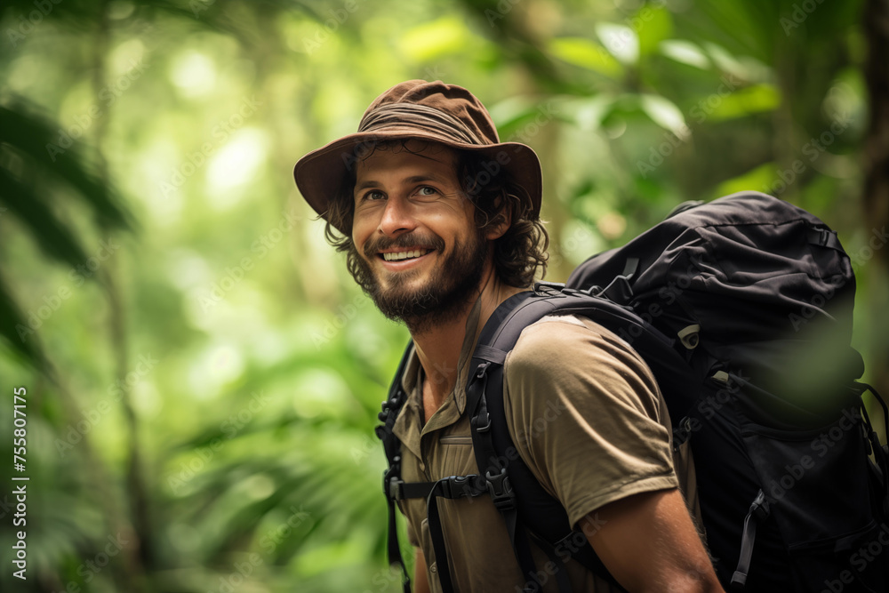 Smiling male adventurer with a backpack enjoys a lush jungle Smiling male adventurer with a backpack enjoys a lush jungle