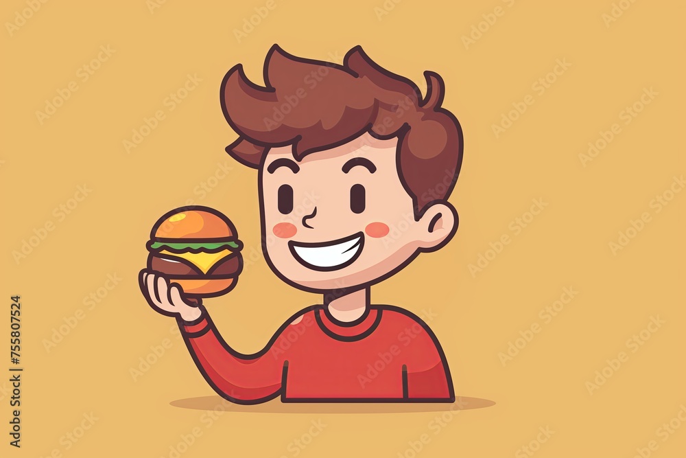 Man with hamburger. Flat style, colorful Cartoon illustration. orange background. Man with hamburger. Flat style, colorful Cartoon illustration. orange background.