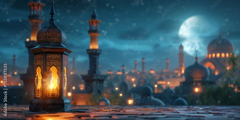 Arabic Ramadan lantern, greeting Eid Mubarak card for Muslim Holidays - obrazy, fototapety, plakaty 