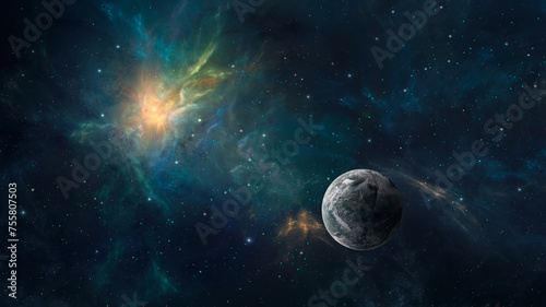 Fototapeta Naklejka Na Ścianę i Meble -  Space background. Planet in colorful nebula with starfield. Elements furnished by NASA. 3D rendering