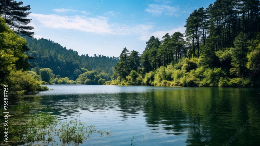 A serene lake surrounded by lush vegetation