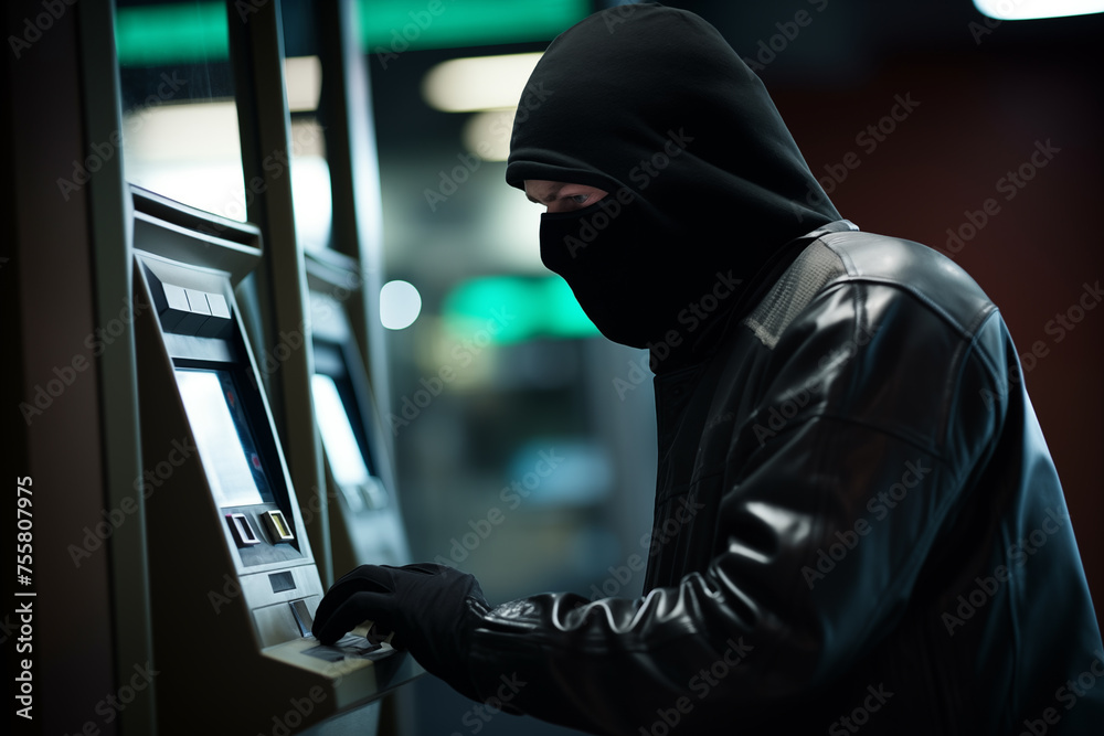 Thief in mask stealing money from ATM. Generative AI Thief in mask stealing money from ATM. Generative AI