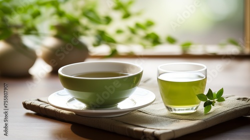 A soothing cup of green tea in a traditional setting
