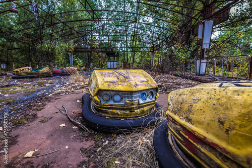 Bumper cars in Pripyat abandoned city in Chernobyl Exclusion Zone, Ukraine